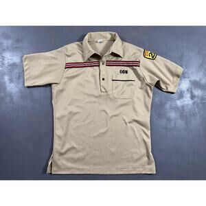 Vintage Hilton Polo Shirt Mens Large Tan 70s USA Bowling Uniform Patch Dikeman